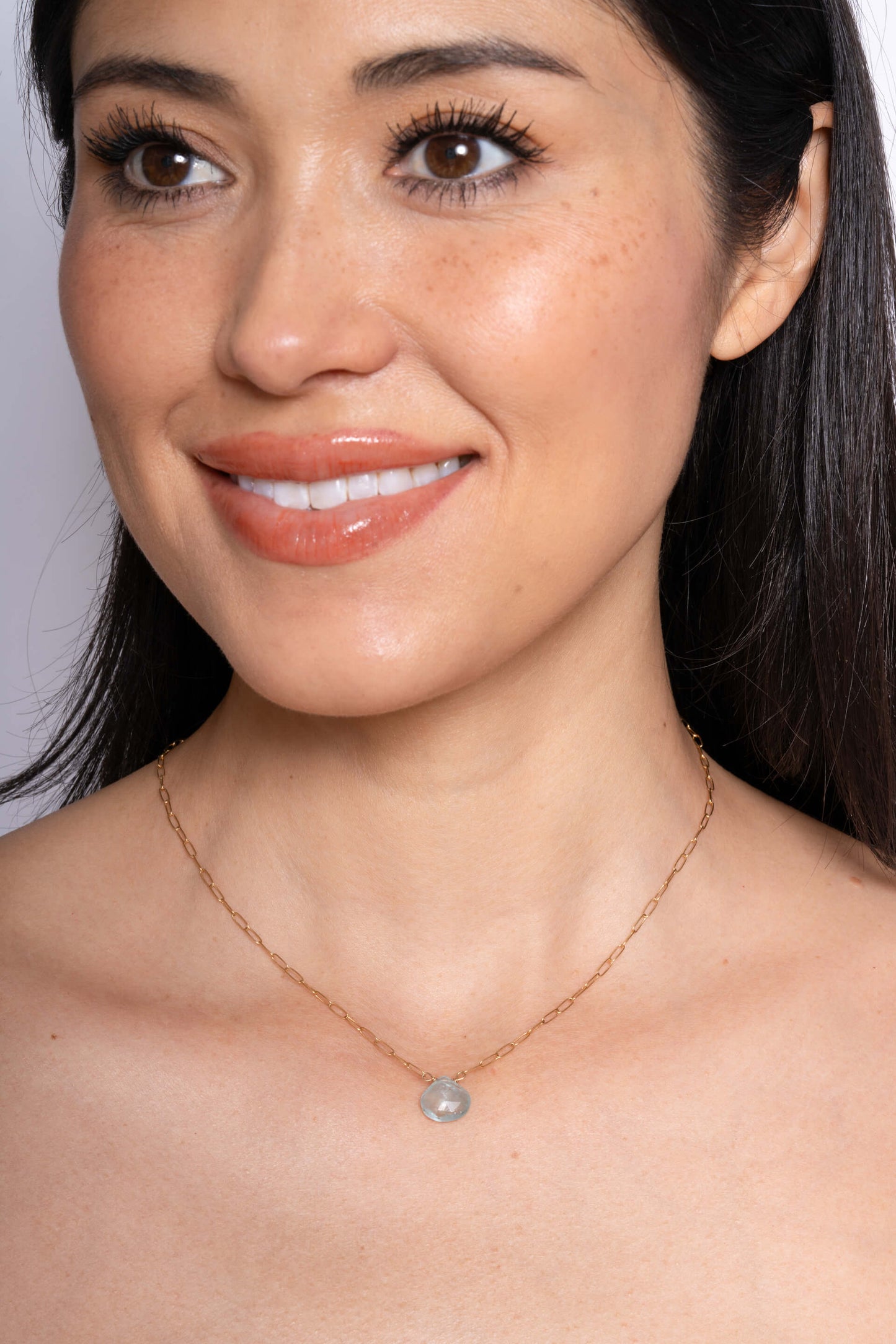 Single Aquamarine Teardrop Cut on Thin Paperclip Necklace