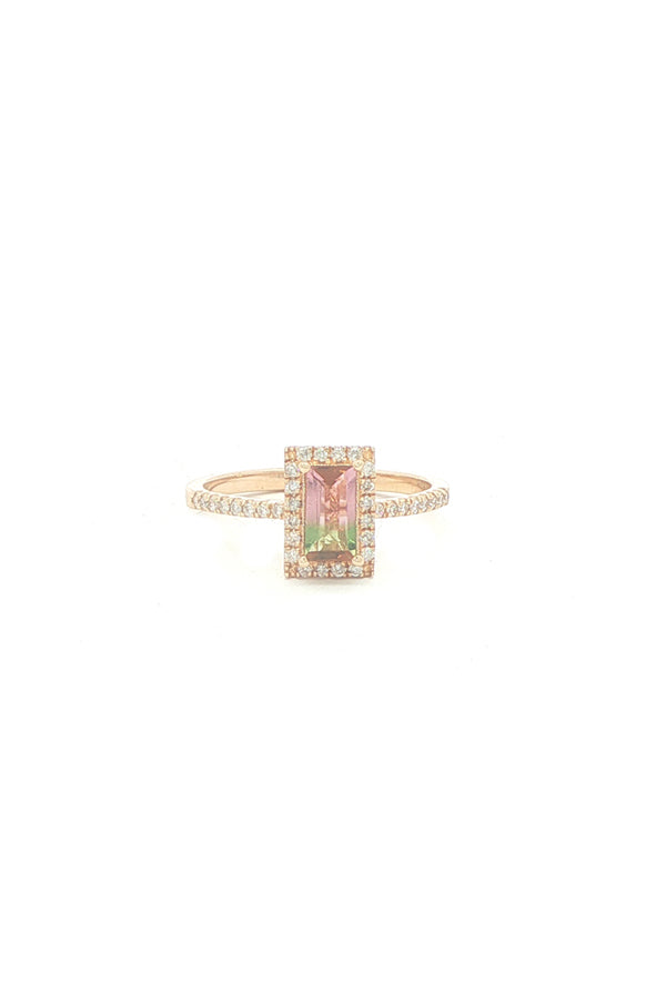 Emerald-Cut Watermelon Tourmaline Ring with Diamond Halo