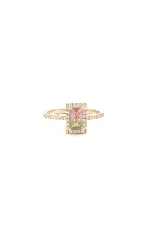 Emerald-Cut Watermelon Tourmaline Ring with Diamond Halo