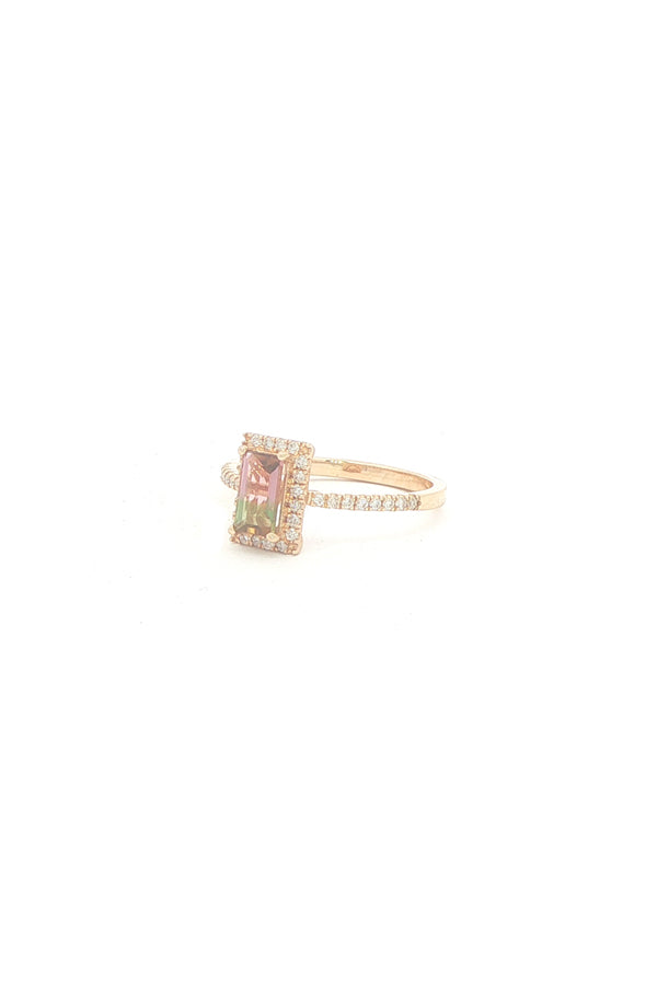 Emerald-Cut Watermelon Tourmaline Ring with Diamond Halo