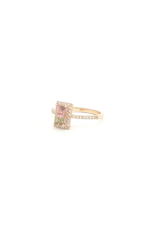 Emerald-Cut Watermelon Tourmaline Ring with Diamond Halo