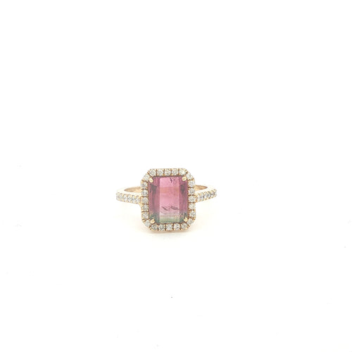 14K Watermelon Tourmaline Diamond Halo Ring