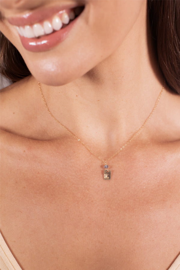 Custom Initial Square with Gemstone Necklace